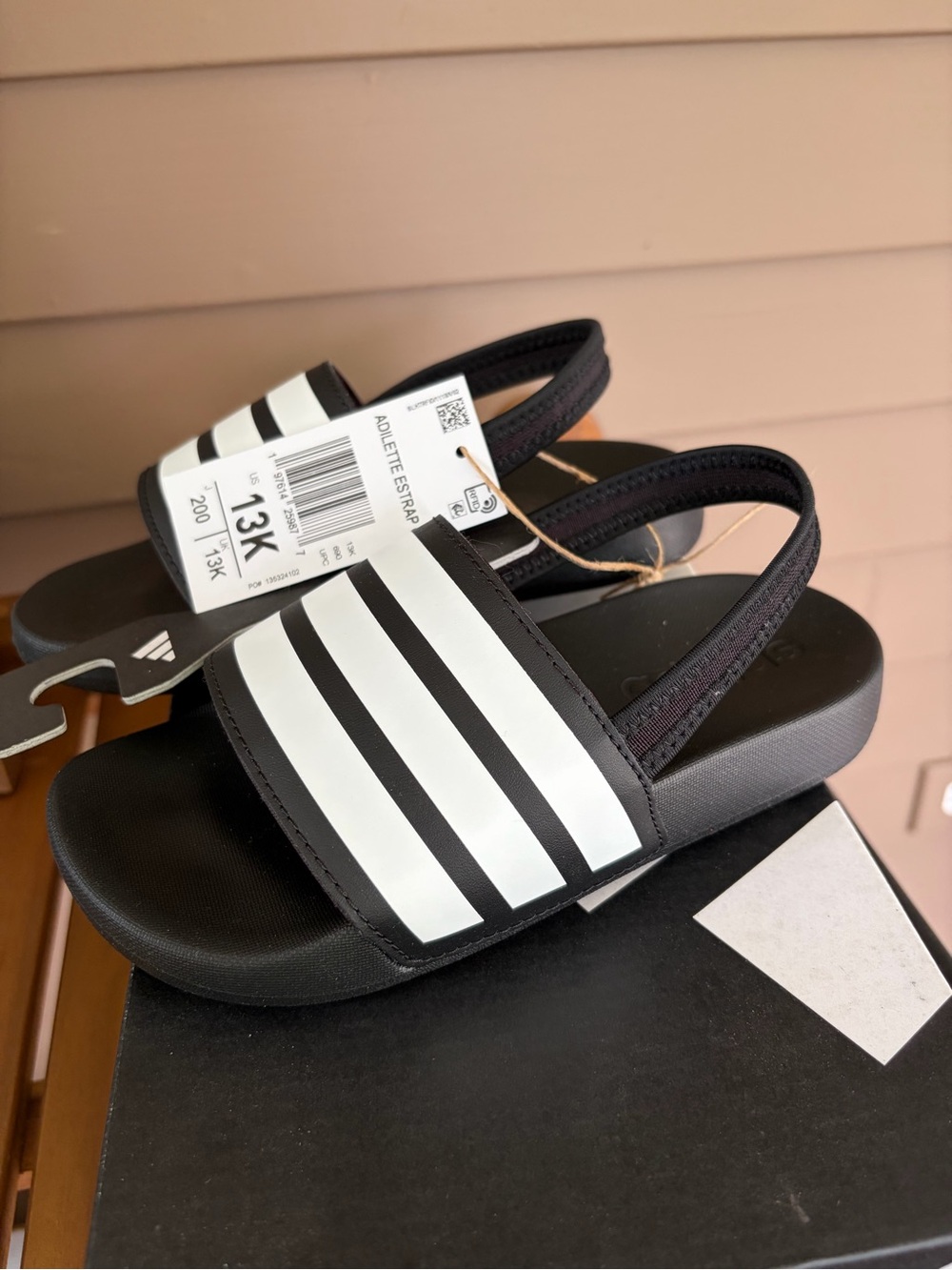NEW! Adidas Kids 13K Black & White Adilette Slide Sandals with Back Strap